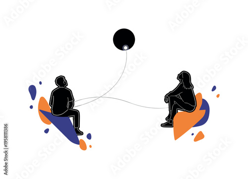 black and white two silhouettes sitting in different locations looking at the same moon, cut-out collage figures with white outline, large circular moon halo