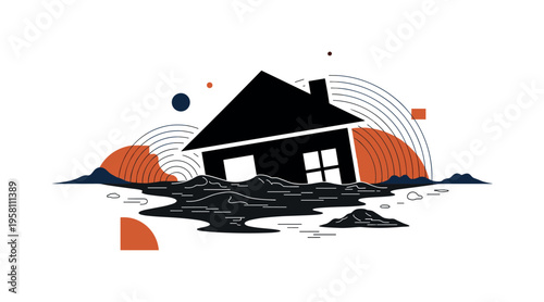 black and white partially buried house surrounded by thick mud after a landslide, cut-out collage object with white outline, layered semicircles and jagged