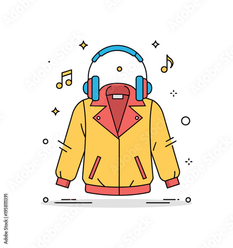 Concert outfit inspiration fashionable jacket displayed with headphones and small music note accents suggesting the excitement of preparing the perfect look