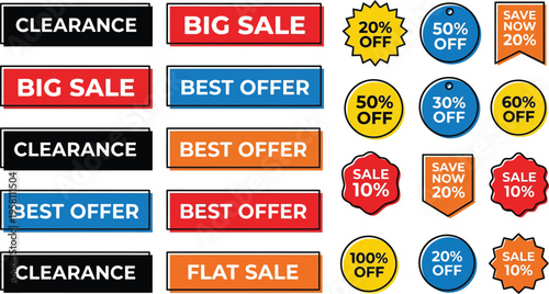 A collection of colorful sale stickers and tags on a white background