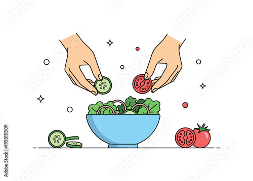 Making a fresh salad illustrated by hands gently arranging vegetables in a bowl while small slices of cucumber and tomato decorate the scene. Clean culinary