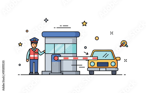 Border checkpoint control officer standing beside a barrier gate while a vehicle approaches slowly for inspection. Concept representing border security and