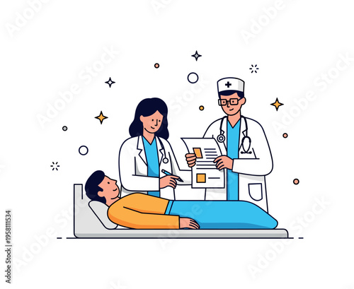 Hospital care and recovery supportive healthcare moment where a doctor gently checks a patient chart beside a resting patient. The reassuring scene reflects