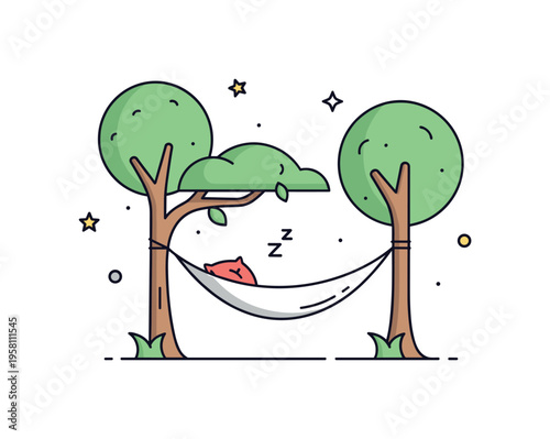 Backyard hammock nap with two trees supporting a simple hammock while a small pillow rests beneath a shaded branch. The cozy scene highlights outdoor leisure,