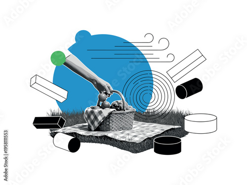black and white hand placing fruit into a picnic basket on a blanket in the grass, large blue circle behind the scene symbolizing open sky, thin geometric