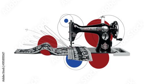 black and white vintage sewing scissors cutting fabric with detailed costume embroidery visible, white cut-out outline effect, layered circular shapes and thin