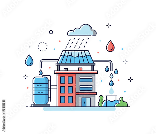Rainwater harvesting system in buildings modern structure connected to a rooftop water collector and storage tank with flowing drop icons showing water