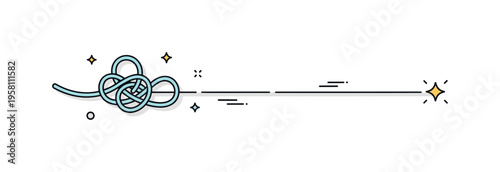 Untangling process showing a tight knot of string gradually straightening into a clean line with a small star accent at the end. The composition reflects