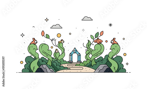 Enchanted valley pathway with twisting magical plants guiding the eye toward a small crystal arch while curious creatures watch from the foliage. The