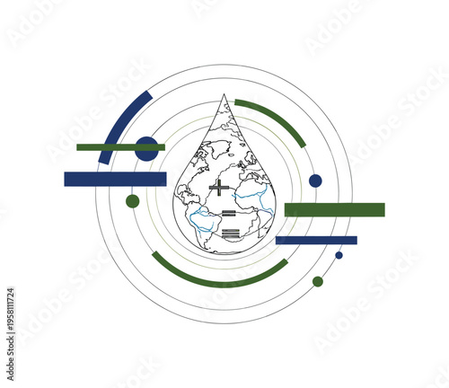 monochrome globe shaped like a water droplet with small rivers and reservoirs drawn inside, circular halos and geometric bars representing global water