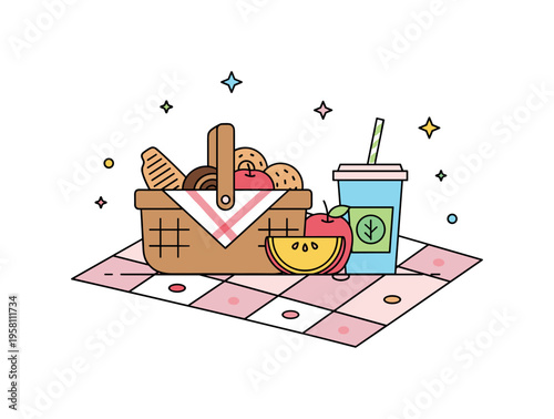 Simple picnic snack scene with a basket of treats, a sliced fruit, and a drink resting on a soft blanket pattern. Calm outdoor illustration celebrating casual