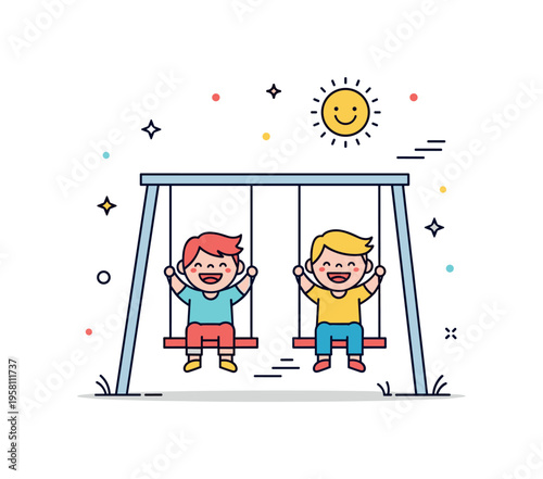 Playground swing fun two happy kids swinging side by side under a smiling sun with tiny motion lines suggesting playful movement. Friendly moment capturing