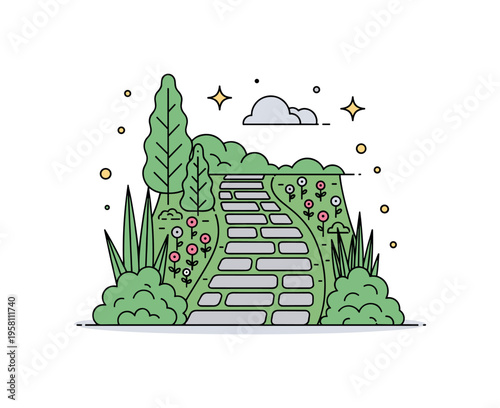 Botanical garden walkway stone path leading between lush decorative plants and small flowers creating a scenic path through a botanical style garden. The scene