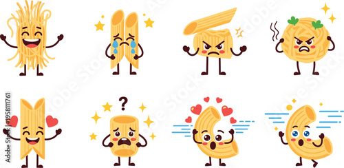 Cute pasta characters emotions set with spaghetti penne and macaroni, funny food cartoon expressions flat vector illustration collection for kids design