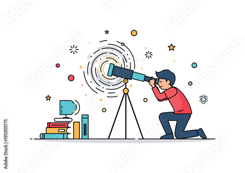 Milky Way discovery visualized by a student silhouette observing a glowing spiral galaxy through a simple telescope. Inspiring science themed scene
