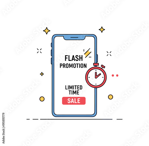 Flash promotion notification smartphone displaying a limited time sale alert while a small countdown timer icon highlights urgency. Clean visual metaphor of