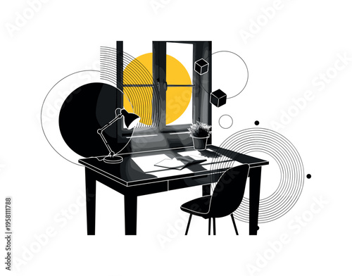 retro black and white desk by a window illuminated by moonlight with shadows stretching across the table, desk cut out with white contour outline, bold yellow