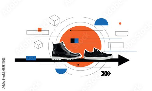 black and white pair of different shoes stepping forward side by side on a single path arrow, bold orange circle behind the shoes representing unity in