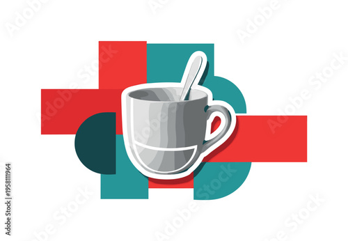 ceramic mug with spoon inside, monochrome realistic object outlined with white cut-out contour, abstract geometric rectangles and semicircles surrounding mug,