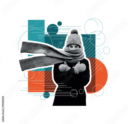 black and white person wrapped tightly in a long scarf with winter hat and mittens, cut-out collage effect with white outline, geometric snow-like circles and