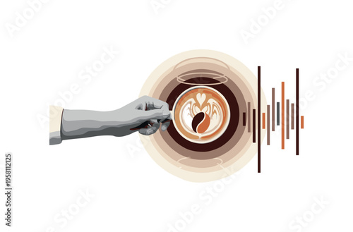monochrome hand presenting a latte cup with soft foam swirl, layered circular halos and vertical geometric bars symbolizing morning energy, deep brown and