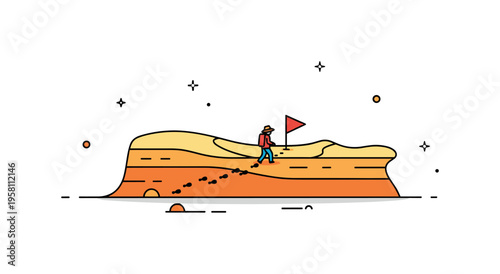 Desert exploration small traveler walking across layered dunes leaving a gentle trail of footprints behind while a tiny flag icon marks the path forward. The