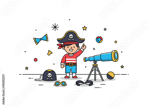 Pretend play transformation where a child proudly wears a pirate hat and toy telescope while costume accessories scatter around the floor. The lively scene