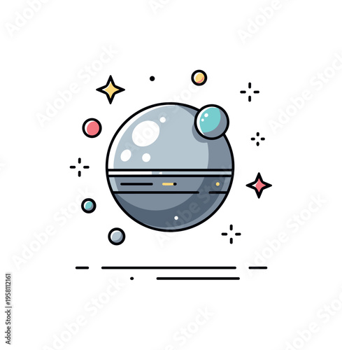 Modern metallic design with a chrome styled sphere and small reflective shapes floating around it. The scene reflects futuristic materials used in technology