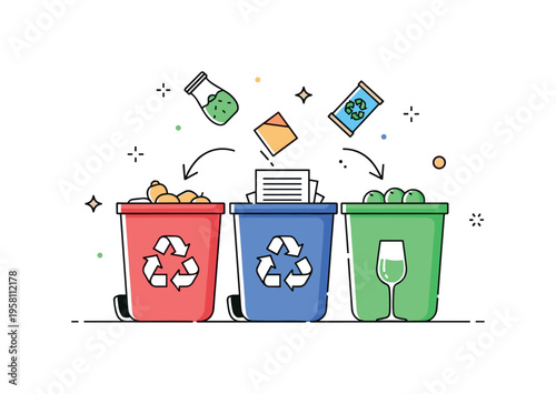 Waste sorting process recycling bins for plastic, paper, and glass arranged together with arrows guiding items into the correct containers. The scene