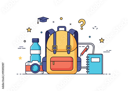 Class field trip planning illustrated by a backpack surrounded by simple travel items including a water bottle, camera, and small notebook. Friendly