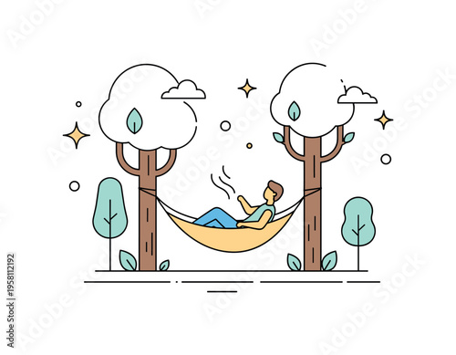 Forest hammock rest featuring a person gently swaying in a hammock surrounded by simple tree silhouettes and soft leaf accents. The calming scene suggests
