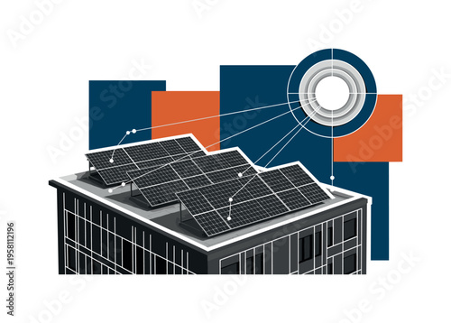 black and white realistic solar panels installed on rooftop of a business building, white cut-out outline around the panels and structure, layered geometric