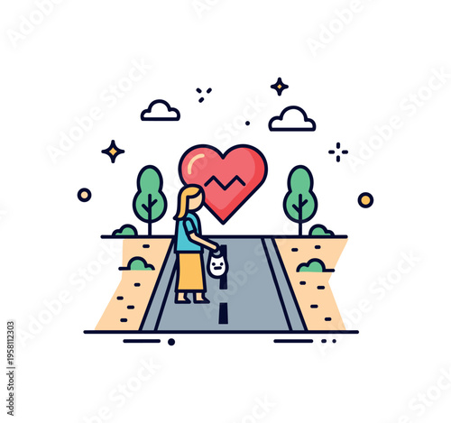 Good Samaritan parable symbolism featuring a small road scene with a heart icon representing compassion and kindness toward others. The visual metaphor
