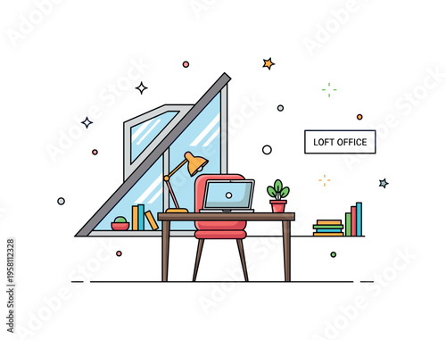 Attic turned into home office compact loft workspace with a desk placed under a slanted roof window while a laptop and small plant sit neatly on the table. A