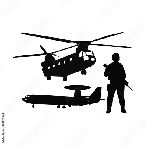Special forces soldier with tactical gear and radar plane vector illustration.
