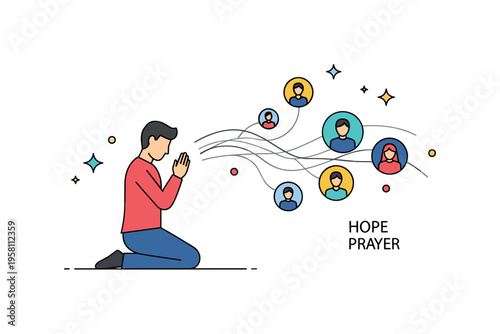 Prayer reaching outward peaceful figure kneeling in prayer while gentle wave lines extend toward several small human icons. A small label Hope Prayer