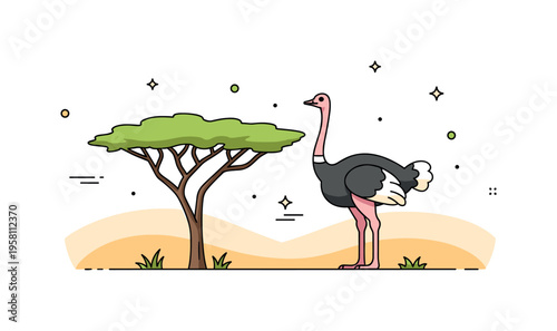 Ostrich in African savanna tall bird standing beside a small acacia tree while soft sand curves form the open landscape. The illustration captures the natural