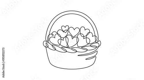 Harvest Basket Filled with Hearts Continuous Single Line Minimalist Abundant Gratitude Line Art Illustration