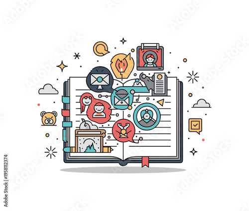 Artistic storytelling exploration centered on an open script page where icons of different genres merge into a single creative spark. The illustration reflects