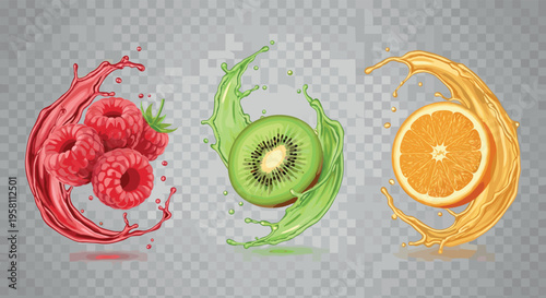 Fresh fruit splash set with raspberry kiwi and orange slices in dynamic liquid motion realistic vector illustration isolated on transparent background for juice design