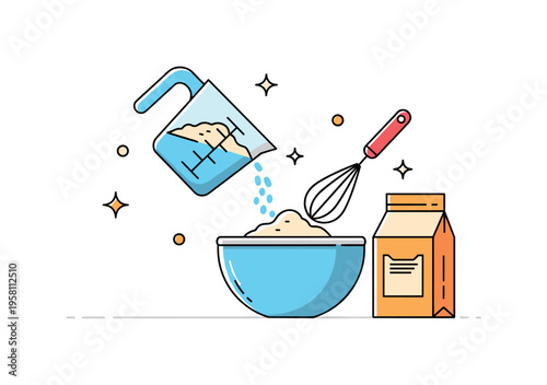 Baking preparation scene measuring cup pouring flour into a bowl while a whisk and tiny sparkle accents suggest the beginning of a baking recipe. The
