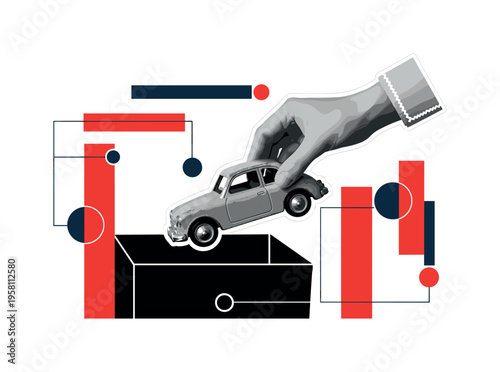 black and white toy car being placed into a storage bin by a hand, cut-out collage edges with white outline, bold geometric rectangles and circular accents
