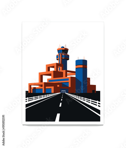 Black and white minimal highway scene leading toward airport control tower, structured rectangular blocks and cylindrical forms forming architecture, bold