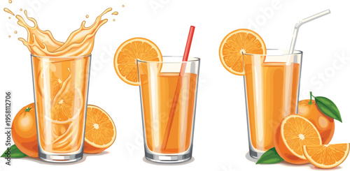 Fresh orange juice glasses with splash slices and straws in realistic vector illustration isolated on light background for beverage advertisement and summer drink design
