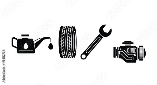 Black icons of car repair tools.