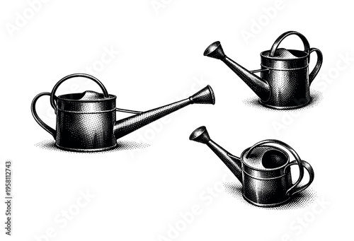 Watering Can ? realistic long-spout watering can designed for precise pouring. Black and white dot style with halftone texture and high contrast. Halftone