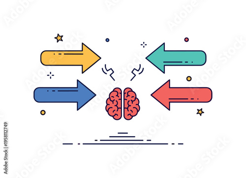 Choice conflict scene with two opposing arrows pushing against each other above a small brain icon in the center. Symbolic representation of internal tension