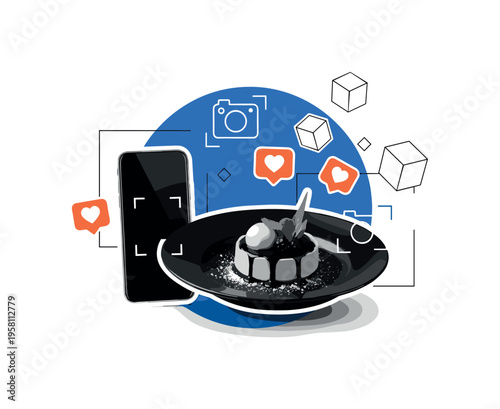 conceptual social media food styling with a black and white gourmet dessert plate and smartphone beside it, white cut-out outline around objects, large blue