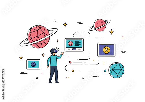 Futuristic virtual reality scene a person exploring a compact digital environment with geometric planets, floating screens and glowing path lines representing