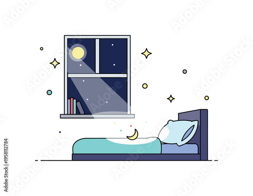 Quiet night bedroom window with glowing moon outside while gentle moonlight falls onto a bed and pillow forming a soft luminous shape. The scene captures calm